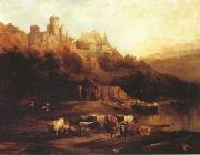Jenaro Perez Villaamil Herd of Cattle Resting on a Riverbank in Front of a Castle (mk22) Germany oil painting artist